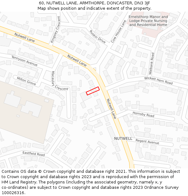 60, NUTWELL LANE, ARMTHORPE, DONCASTER, DN3 3JF: Location map and indicative extent of plot