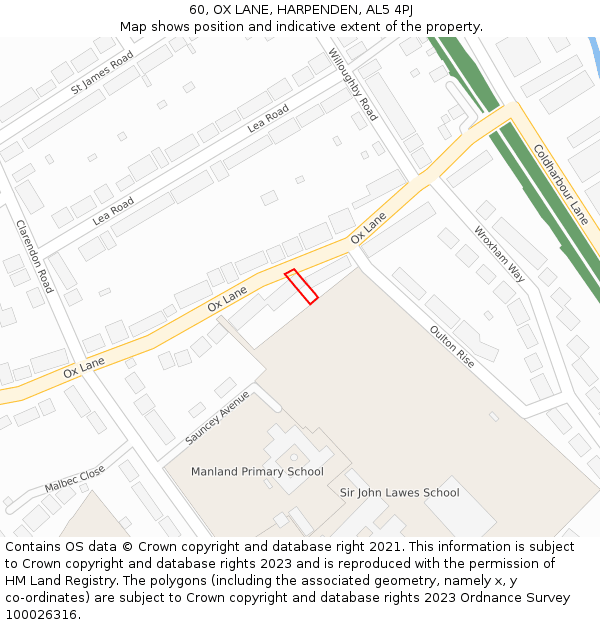 60, OX LANE, HARPENDEN, AL5 4PJ: Location map and indicative extent of plot