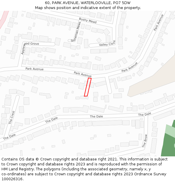 60, PARK AVENUE, WATERLOOVILLE, PO7 5DW: Location map and indicative extent of plot