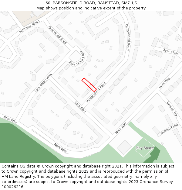 60, PARSONSFIELD ROAD, BANSTEAD, SM7 1JS: Location map and indicative extent of plot