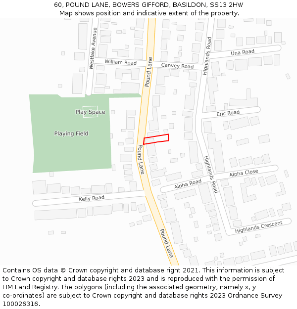 60, POUND LANE, BOWERS GIFFORD, BASILDON, SS13 2HW: Location map and indicative extent of plot