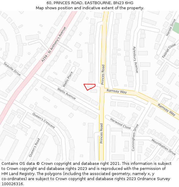 60, PRINCES ROAD, EASTBOURNE, BN23 6HG: Location map and indicative extent of plot