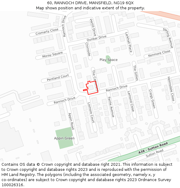 60, RANNOCH DRIVE, MANSFIELD, NG19 6QX: Location map and indicative extent of plot