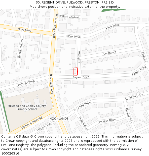 60, REGENT DRIVE, FULWOOD, PRESTON, PR2 3JD: Location map and indicative extent of plot
