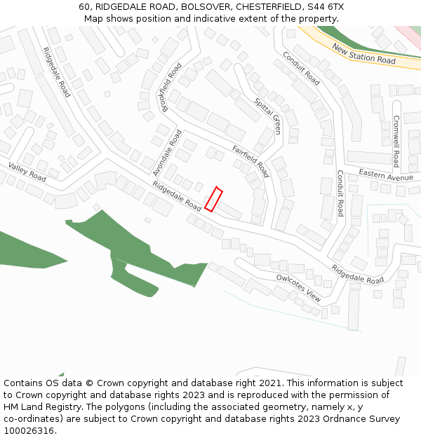60, RIDGEDALE ROAD, BOLSOVER, CHESTERFIELD, S44 6TX: Location map and indicative extent of plot