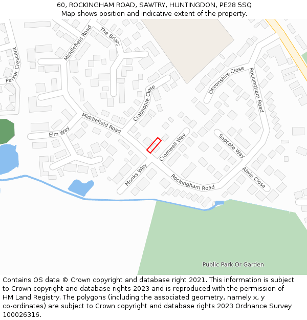 60, ROCKINGHAM ROAD, SAWTRY, HUNTINGDON, PE28 5SQ: Location map and indicative extent of plot