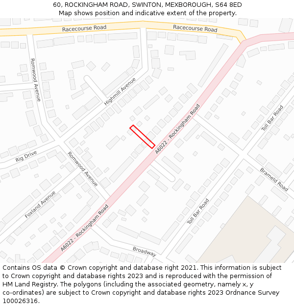 60, ROCKINGHAM ROAD, SWINTON, MEXBOROUGH, S64 8ED: Location map and indicative extent of plot