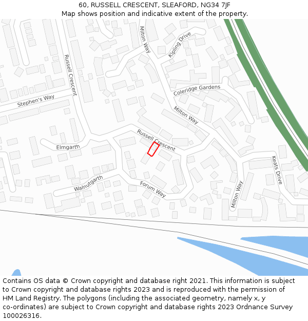 60, RUSSELL CRESCENT, SLEAFORD, NG34 7JF: Location map and indicative extent of plot
