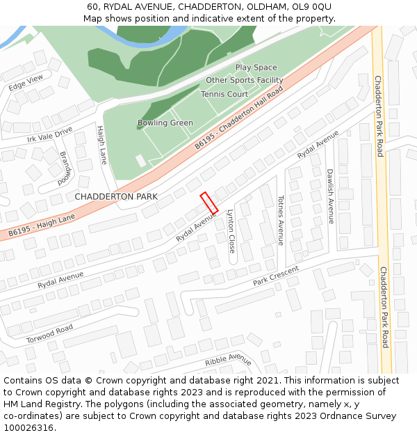 60, RYDAL AVENUE, CHADDERTON, OLDHAM, OL9 0QU: Location map and indicative extent of plot