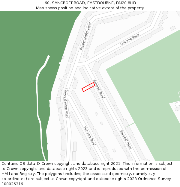 60, SANCROFT ROAD, EASTBOURNE, BN20 8HB: Location map and indicative extent of plot