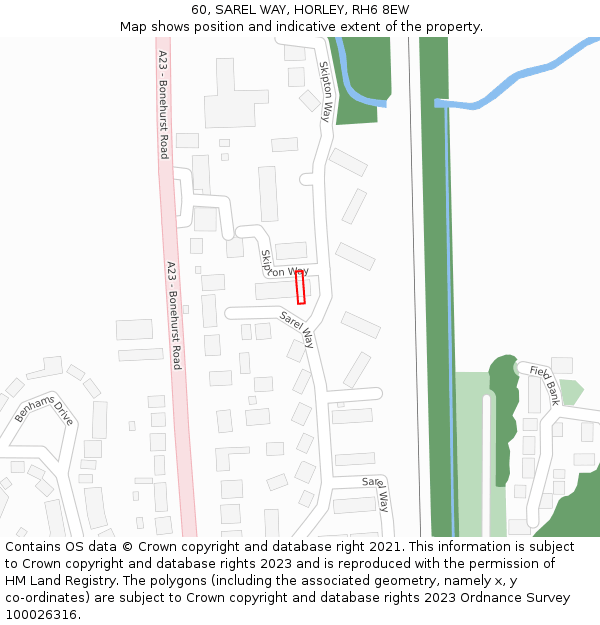 60, SAREL WAY, HORLEY, RH6 8EW: Location map and indicative extent of plot