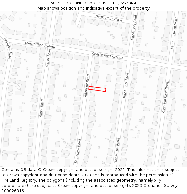 60, SELBOURNE ROAD, BENFLEET, SS7 4AL: Location map and indicative extent of plot