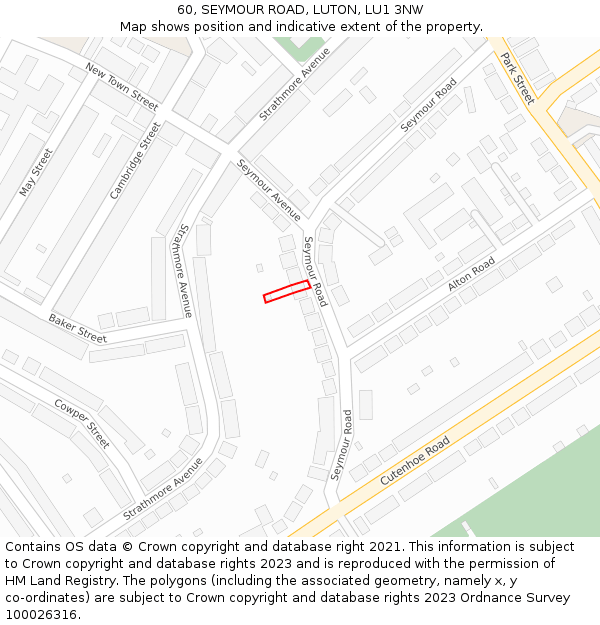 60, SEYMOUR ROAD, LUTON, LU1 3NW: Location map and indicative extent of plot