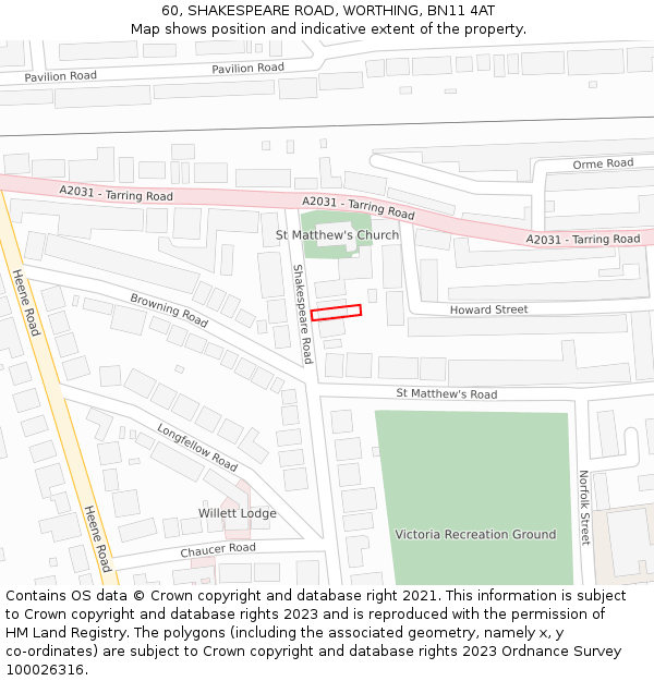 60, SHAKESPEARE ROAD, WORTHING, BN11 4AT: Location map and indicative extent of plot