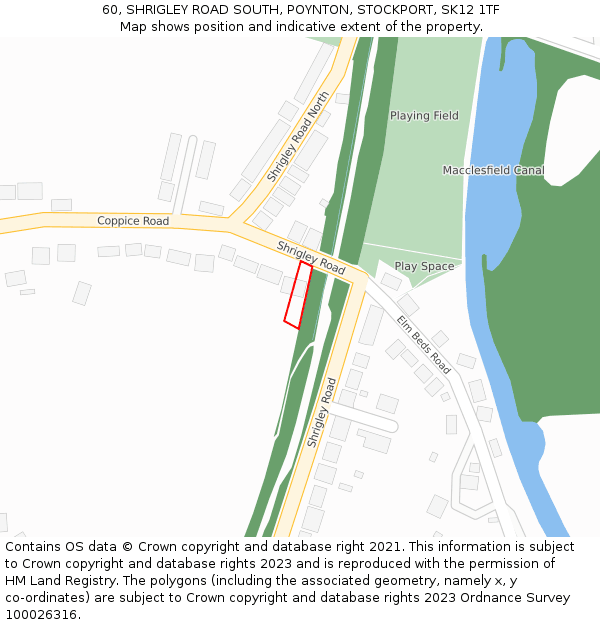 60, SHRIGLEY ROAD SOUTH, POYNTON, STOCKPORT, SK12 1TF: Location map and indicative extent of plot