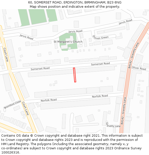 60, SOMERSET ROAD, ERDINGTON, BIRMINGHAM, B23 6NG: Location map and indicative extent of plot