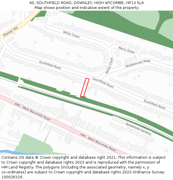 60, SOUTHFIELD ROAD, DOWNLEY, HIGH WYCOMBE, HP13 5LA: Location map and indicative extent of plot