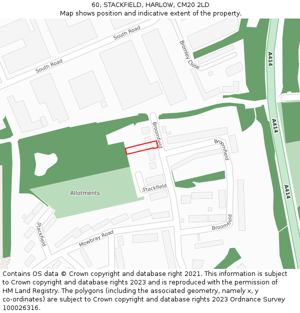 60, STACKFIELD, HARLOW, CM20 2LD: Location map and indicative extent of plot