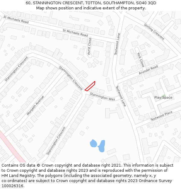 60, STANNINGTON CRESCENT, TOTTON, SOUTHAMPTON, SO40 3QD: Location map and indicative extent of plot