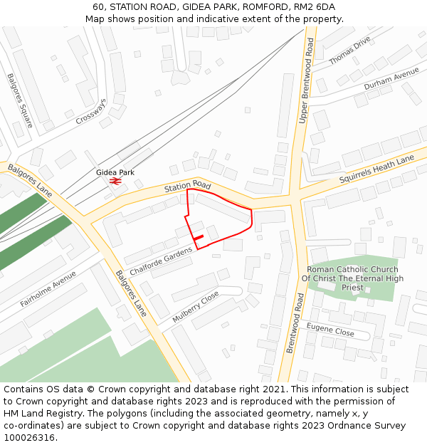 60, STATION ROAD, GIDEA PARK, ROMFORD, RM2 6DA: Location map and indicative extent of plot