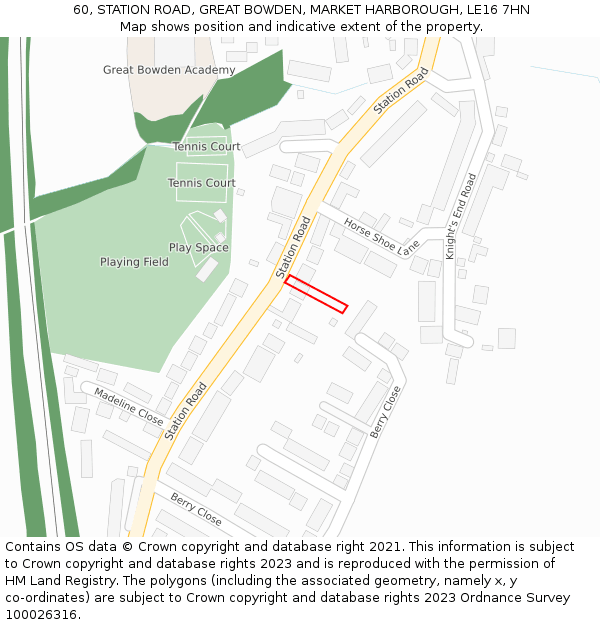 60, STATION ROAD, GREAT BOWDEN, MARKET HARBOROUGH, LE16 7HN: Location map and indicative extent of plot