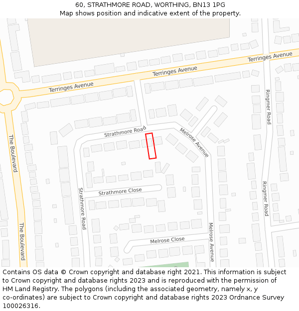 60, STRATHMORE ROAD, WORTHING, BN13 1PG: Location map and indicative extent of plot