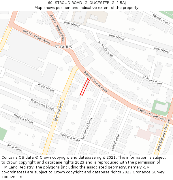 60, STROUD ROAD, GLOUCESTER, GL1 5AJ: Location map and indicative extent of plot