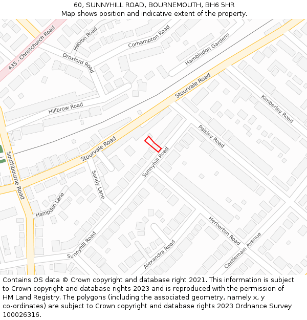 60, SUNNYHILL ROAD, BOURNEMOUTH, BH6 5HR: Location map and indicative extent of plot