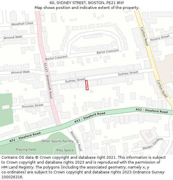 60, SYDNEY STREET, BOSTON, PE21 8NY: Location map and indicative extent of plot