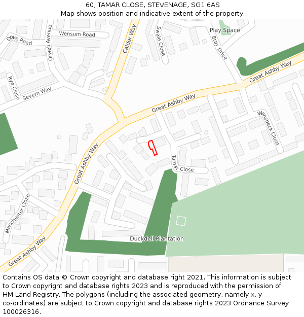 60, TAMAR CLOSE, STEVENAGE, SG1 6AS: Location map and indicative extent of plot