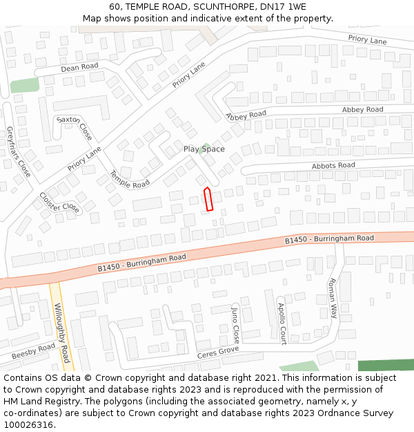60, TEMPLE ROAD, SCUNTHORPE, DN17 1WE: Location map and indicative extent of plot