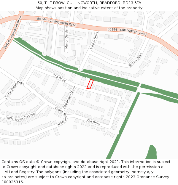 60, THE BROW, CULLINGWORTH, BRADFORD, BD13 5FA: Location map and indicative extent of plot