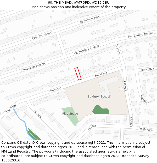 60, THE MEAD, WATFORD, WD19 5BU: Location map and indicative extent of plot