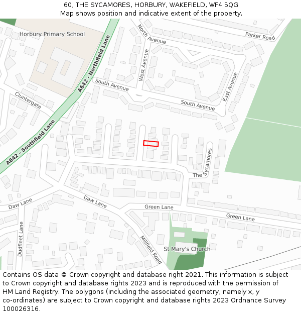 60, THE SYCAMORES, HORBURY, WAKEFIELD, WF4 5QG: Location map and indicative extent of plot