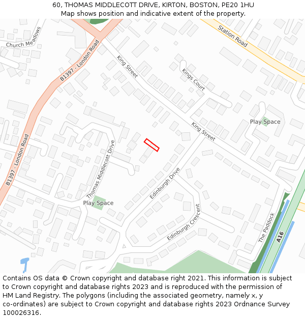 60, THOMAS MIDDLECOTT DRIVE, KIRTON, BOSTON, PE20 1HU: Location map and indicative extent of plot