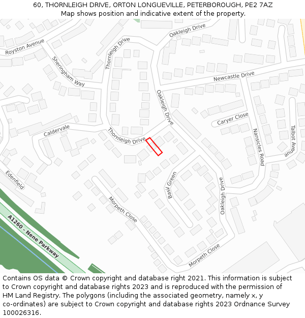 60, THORNLEIGH DRIVE, ORTON LONGUEVILLE, PETERBOROUGH, PE2 7AZ: Location map and indicative extent of plot