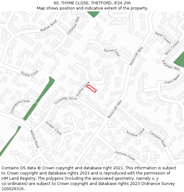 60, THYME CLOSE, THETFORD, IP24 2YA: Location map and indicative extent of plot