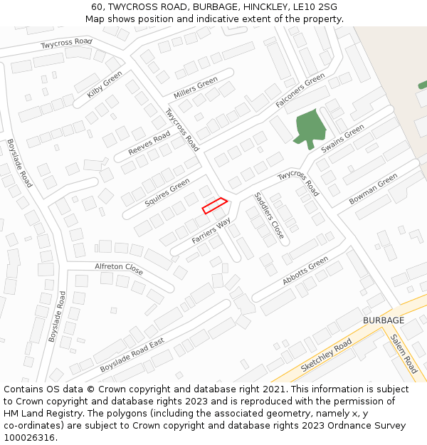 60, TWYCROSS ROAD, BURBAGE, HINCKLEY, LE10 2SG: Location map and indicative extent of plot