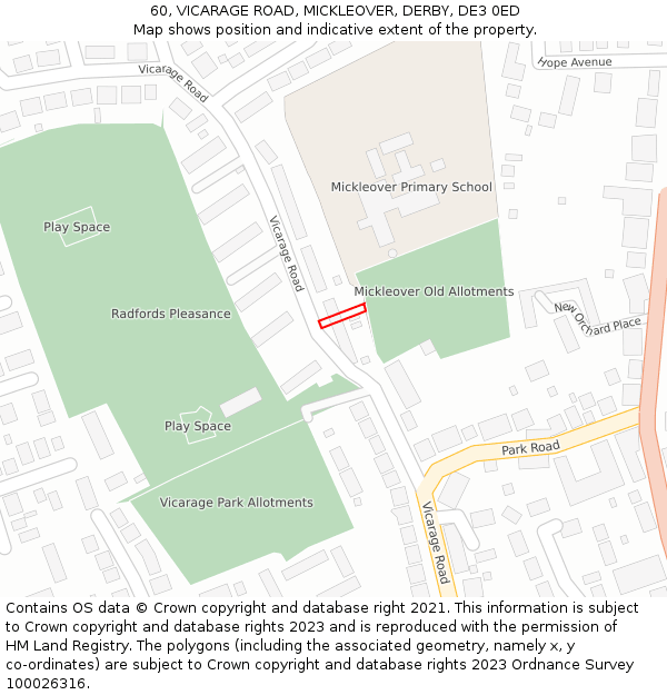 60, VICARAGE ROAD, MICKLEOVER, DERBY, DE3 0ED: Location map and indicative extent of plot