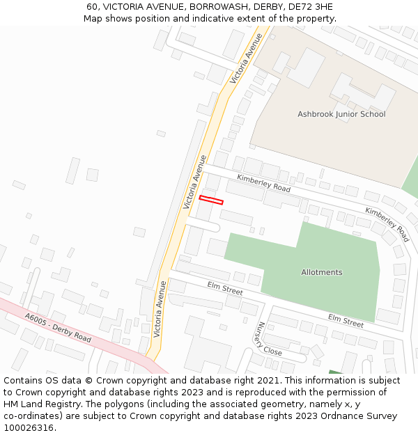 60, VICTORIA AVENUE, BORROWASH, DERBY, DE72 3HE: Location map and indicative extent of plot