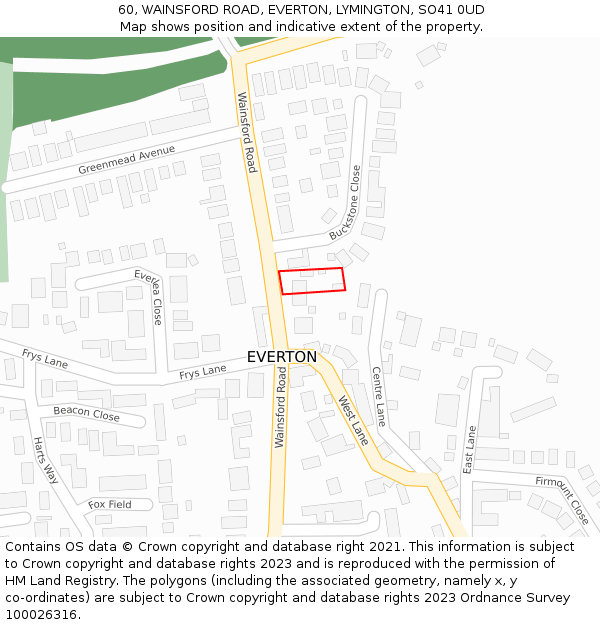 60, WAINSFORD ROAD, EVERTON, LYMINGTON, SO41 0UD: Location map and indicative extent of plot