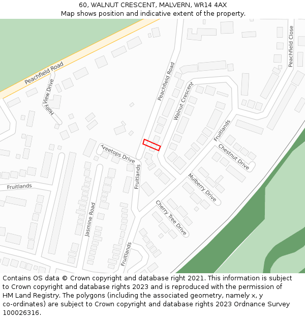 60, WALNUT CRESCENT, MALVERN, WR14 4AX: Location map and indicative extent of plot