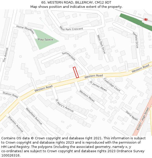 60, WESTERN ROAD, BILLERICAY, CM12 9DT: Location map and indicative extent of plot