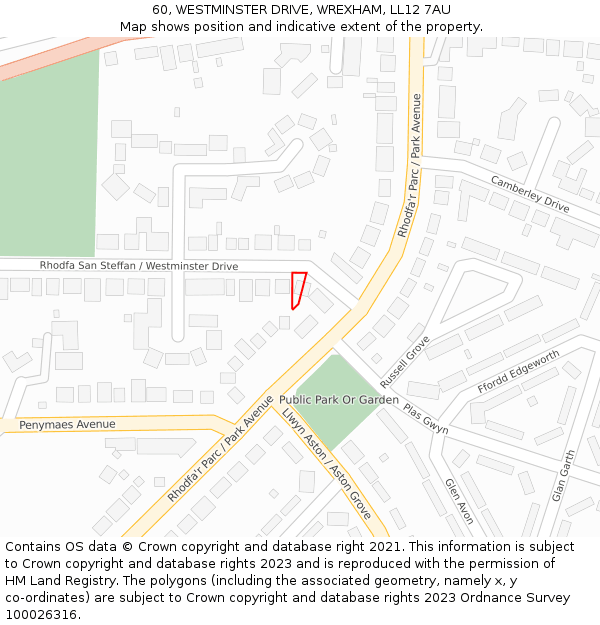 60, WESTMINSTER DRIVE, WREXHAM, LL12 7AU: Location map and indicative extent of plot