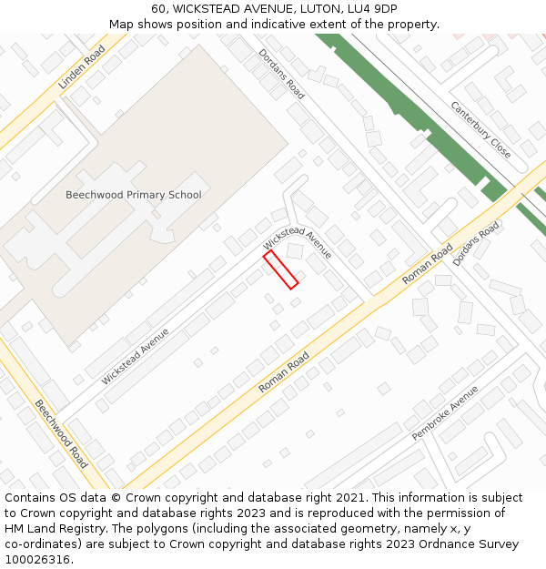 60, WICKSTEAD AVENUE, LUTON, LU4 9DP: Location map and indicative extent of plot