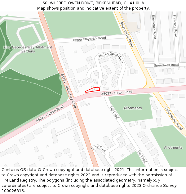 60, WILFRED OWEN DRIVE, BIRKENHEAD, CH41 0HA: Location map and indicative extent of plot