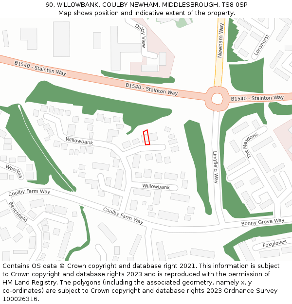 60, WILLOWBANK, COULBY NEWHAM, MIDDLESBROUGH, TS8 0SP: Location map and indicative extent of plot