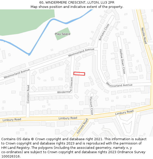 60, WINDERMERE CRESCENT, LUTON, LU3 2PR: Location map and indicative extent of plot