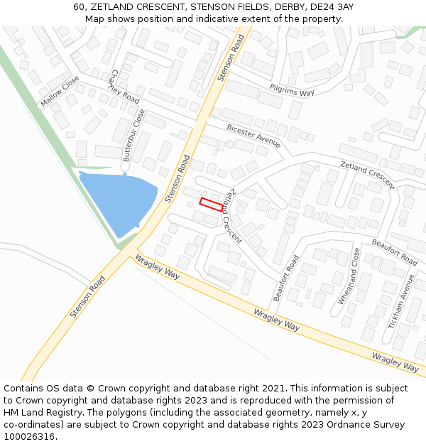 60, ZETLAND CRESCENT, STENSON FIELDS, DERBY, DE24 3AY: Location map and indicative extent of plot