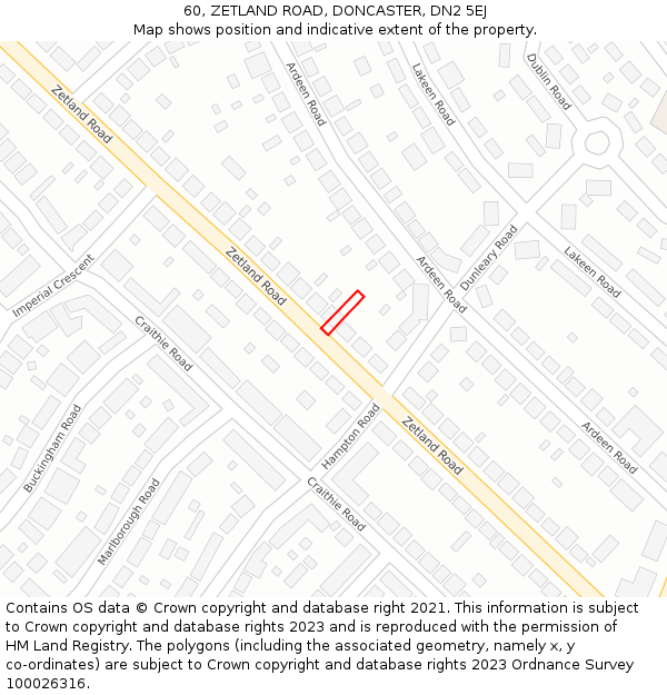 60, ZETLAND ROAD, DONCASTER, DN2 5EJ: Location map and indicative extent of plot